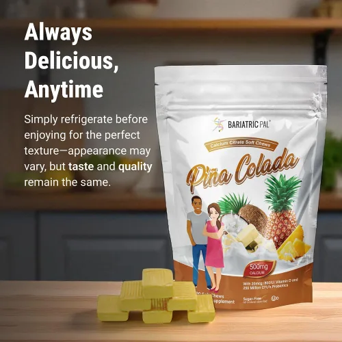 Miniatura 7 de BariatricPal Masticables suaves de citrato de calcio sin azúcar 500 mg con vitamina D y probióticos Piña Colada 90