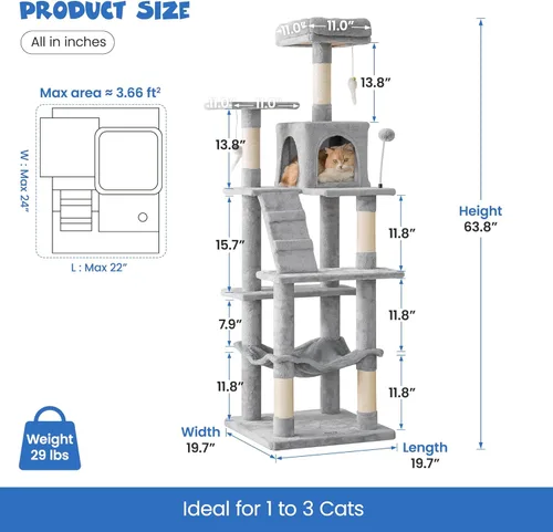 Miniatura 6 de MWPO Árbol para gatos multinivel de 63.8 pulgadas para gatos grandes con postes rascadores cubiertos de sisal, plataforma acolchada, hamaca