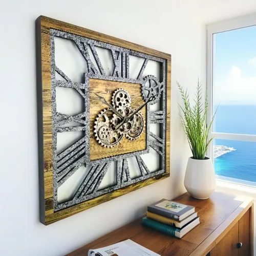 Miniatura 2 de ImprovingLife The Gears Clock Reloj de pared cuadrado con engranaje móvil real de 24 pulgadas, estilo vintage, industrial, de gran tamaño, casa