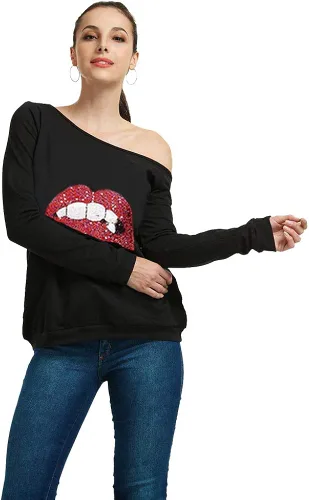 Miniatura 4 de MAGICMK - Sudaderas con hombro descubierto para mujer, manga larga, estampado de labios, casuales