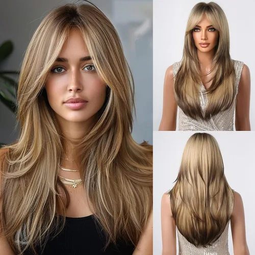 Allbell - Peluca larga y lacia para mujer, color ombré castaño claro a rubio con flequillo, con reflejos, de cabello sintético, resistente al calor