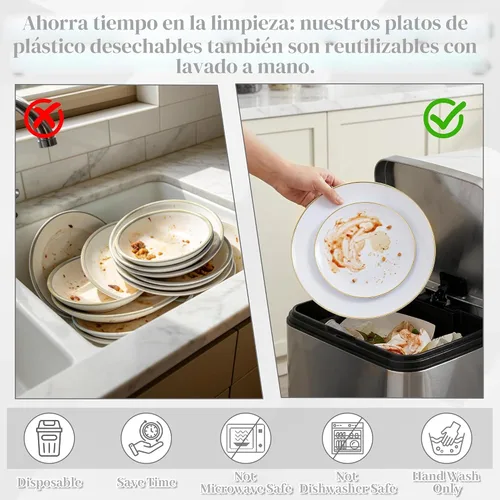Miniatura 8 de DaYammi Juego de 150 platos de plástico dorado con cubiertos desechables, juego de vajilla desechable de oro blanco, 30 platos llanos, 30 platos