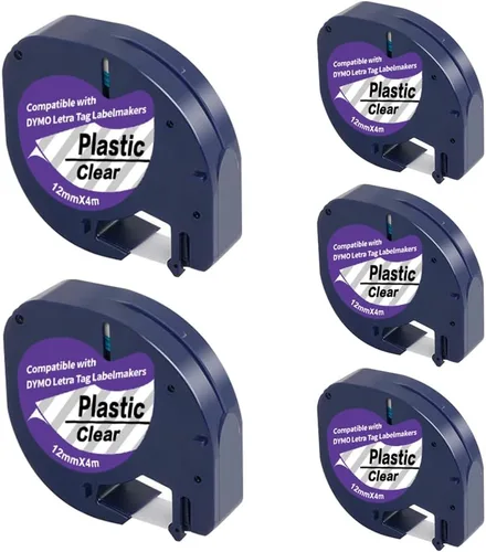 Paquete de 5 cintas para etiquetadoras Dymo Letratag 16952 12267 0.472 in x 13.1 ft 1/2" x 13', funciona con Dymo Letra Tag LT-100H LT-100T Plus