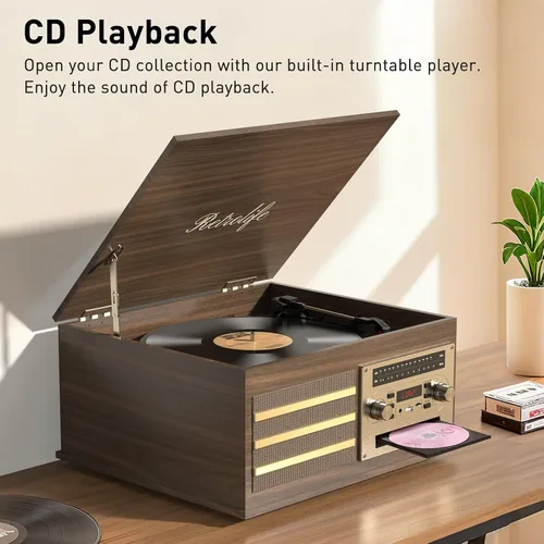 Miniatura 5 de Tocadiscos de vinilo 10-en-1 Centro de música con tocadiscos incorporados, altavoces integrados, soporte de 3 velocidades, entrada/salida