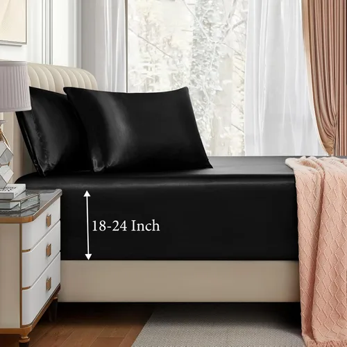 Miniatura 9 de VACVELT Juego de sábanas bajeras de satén de 3 piezas con bolsillos extra profundos para cama matrimonial, sábana bajera color gris que se ajusta a