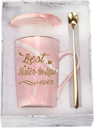 Taza con texto en inglés "Best Sister in Law Ever", regalos de hermana o cuñado, 14 onzas, color rosa con caja de regalo, cuchara, posavasos