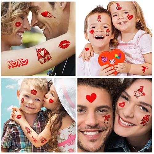 Miniatura 2 de 12 hojas de tatuajes temporales de corazón de San Valentín para mujeres, suministros de fiesta del día de San Valentín, corazón rojo, amor, labio