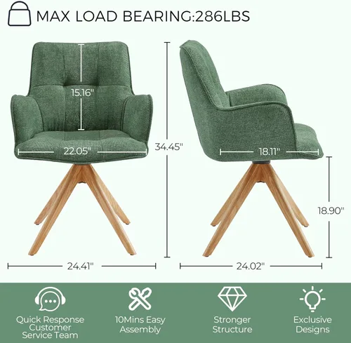Miniatura 2 de Zouron Silla de escritorio giratoria sin ruedas, silla de oficina tapizada con patas de madera de roble, sillón moderno para espacios pequeños