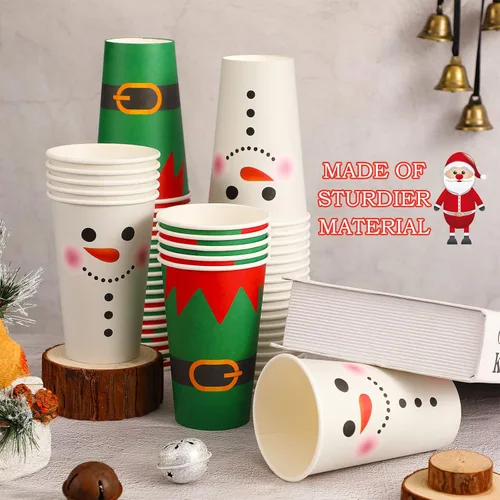Miniatura 4 de Gerrii 60 piezas de tazas de papel desechables de Navidad de 16 onzas para beber té, bebidas frías y calientes, tazas de Santa, muñeco de nieve