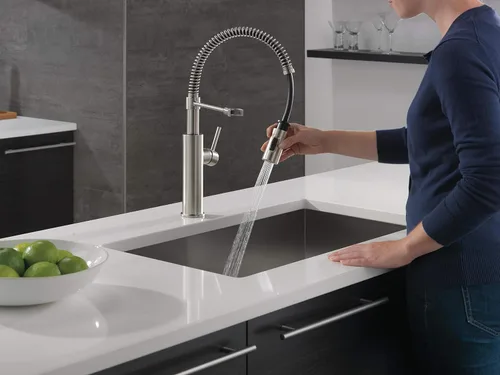 Miniatura 2 de Delta Antoni - Grifo de cocina comercial de estilo profesional con rociador extraíble, níquel cepillado de un solo agujero, mango único, escudo