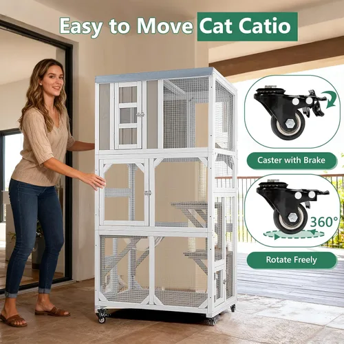 Miniatura 6 de Catio - Caja para gatos para exteriores con ruedas y techo resistente a la intemperie, ventana grande de 63 pulgadas con 3 plataformas, cúpula