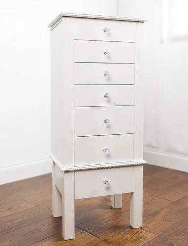 Hives and Honey Kimberly Jewelry Armoire - Organizador de almacenamiento blanco moderno con cajones divididos y ganchos para collares, diseño