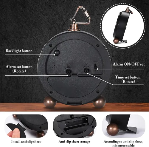 Miniatura 5 de Tetino Reloj despertador analógico, reloj de escritorio alimentado por batería con luz nocturna, silencioso, sin tictac, reloj despertador de diseño
