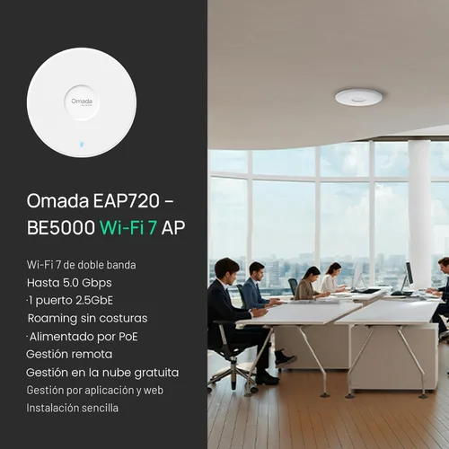 Miniatura 2 de TP-Link Omada WiFi 7 Punto de acceso inalámbrico Banda dual BE5000 Puerto 2.5G Alimentado por PoE o CC, adaptador de CC incluido Roaming sin