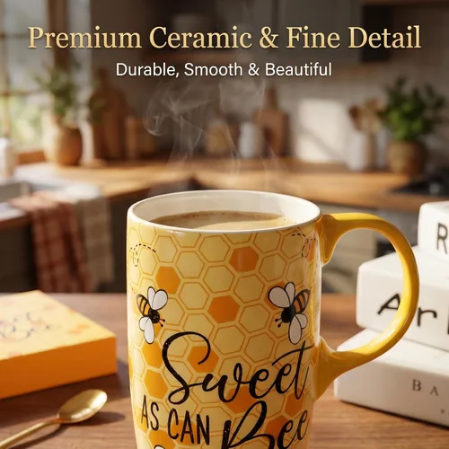 Miniatura 2 de Topadorn Taza de cerámica de café de porcelana con tapa en caja de regalo de 17 onzas, tazas de café novedosas para hombres, mujeres, oficina y Abeja