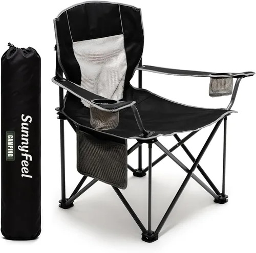 SUNNYFEEL Silla de campamento plegable de gran tamaño de 500 LBS, sillas de jardín resistentes para adultos, color negro, portátil, plegable con