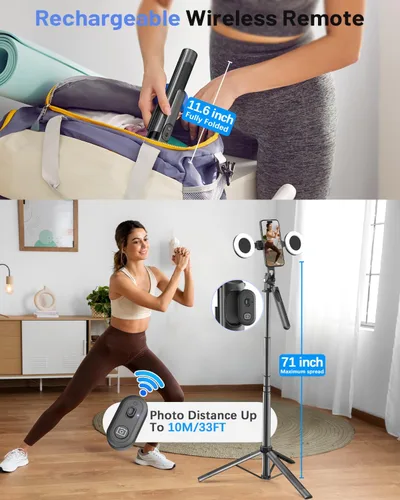 Miniatura 4 de Kit de vlogging para iPhone/Android, trípode para selfie stick de 180 cm para iPhone con luz de relleno, micrófono inalámbrico y control remoto