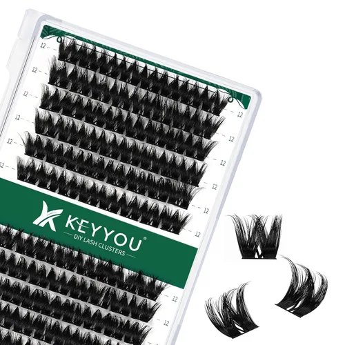 Miniatura 115 de KEYYOU Racimos de pestañas, 96 piezas de extensiones de pestañas DIY, rizado D de 16 mm, negro, realista, no irritante, fácil de colocar en casa