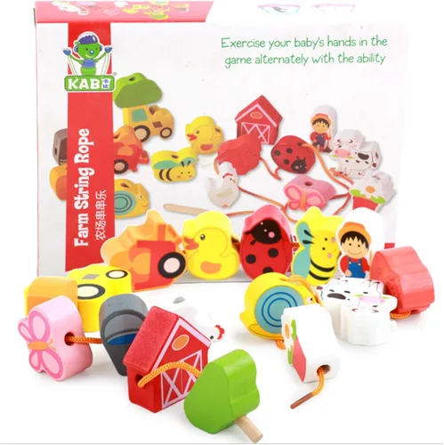 Lacing Farm Toy Juego de bloques de madera, juguetes educativos tempranos, juegos de cuerda y cuentas de cordones para niños pequeños juego de