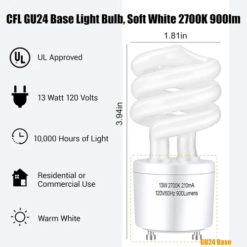 Miniatura 2 de Winkcao CFL - Bombillas fluorescentes compactas con base GU24, espiral T3 de 13 vatios (equivalente a 60 vatios), color blanco suave, 2700 K, 900