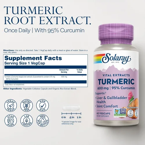 Miniatura 2 de SOLARAY Suplemento de cúrcuma de 600 mg - Raíz de cúrcuma con 95% de curcumina - Suplemento de apoyo articular - Salud de las articulaciones