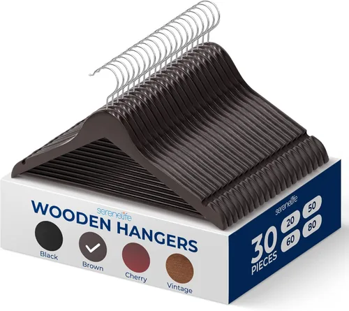 Miniatura 30 de SereneLife Paquete de 30 perchas de madera resistente – Juego de perchas de madera maciza con gancho giratorio de 360°, barra para pantalones
