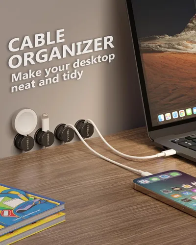 Miniatura 6 de Soporte de Cable Magnético Organizador de Cables con Rotación de 360°, Juego de 6 Clips de Cable [1s Lock] Organizadores de Escritorio Adhesivos