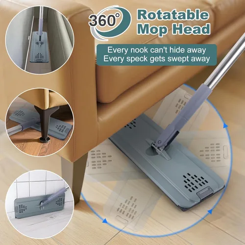 Miniatura 7 de Trapeador plano con 3 almohadillas, mopas de microfibra para limpieza de suelos con mango ajustable 29-49, mopa de polvo para suelos de madera dura