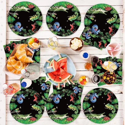 Miniatura 7 de Suministros para fiesta de cumpleaños de serpiente de reptil, sirve 24 platos de papel para fiesta de lagarto, servilletas, mantel de serpiente