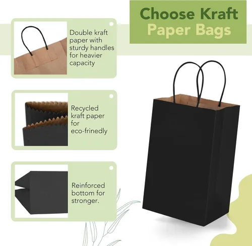 Miniatura 3 de MESHA Bolsas de regalo negras de 5.25 x 3.75 x 8 pulgadas, pequeñas bolsas de papel kraft con asas a granel, paquete de 100 para pequeñas empresas