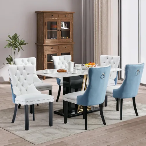 Miniatura 130 de SoarFlash Juego de 2 sillas de comedor de tela de lino, sillas de comedor tapizadas con ribete de cabeza de clavo y patas de madera de color claro