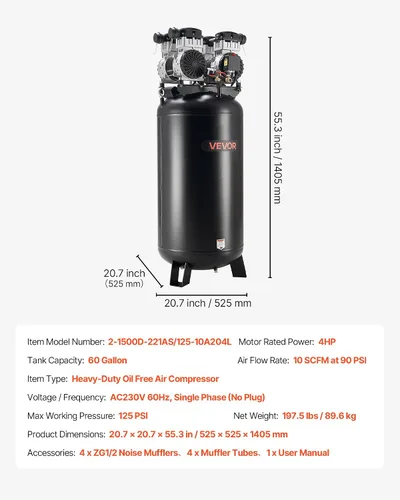 Miniatura 7 de VEVOR Compresor de aire resistente de 60 galones, 4HP 10SCFM a 90PSI Compresores de aire con presión máxima de 125 PSI, tanque de compresor sin