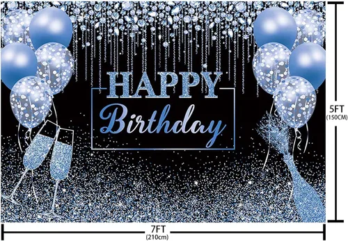 Miniatura 4 de MEHOFOND Telón de fondo de feliz cumpleaños, globo de diamante con purpurina negra y azul, fondo de fotografía, color negro y azul brillante