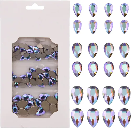 100 piezas de diamantes de imitación de cristal iridiscente púrpura iridiscente AB pera 3D laminados para uñas, dijes de decoración de 3 tamaños