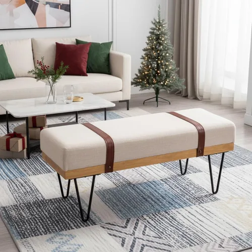 Miniatura 8 de LukeAlon Banco de almacenamiento tapizado de 44 pulgadas, otomano moderno de lino con correas y patas de horquilla metálicas, banco de entrada