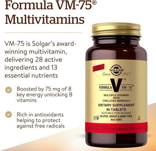 Miniatura 3 de Solgar Fórmula VM-75, 90 tabletas – Multivitamínico con minerales quelados – Vitamina A, B6, B12, C, D, E – Biotina, magnesio, calcio, hierro, zinc