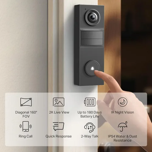 Miniatura 2 de Tapo Timbre de video inteligente inalámbrico 2K - Vista ultra amplia de 160°, detección de persona, conversación bidireccional, llamada de timbre