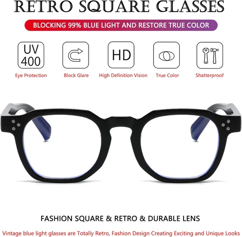 Miniatura 3 de AIEYEZO Lentes retro de luz azul para hombres y mujeres, anteojos cuadrados con marco grueso, gafas de computadora vintage de moda