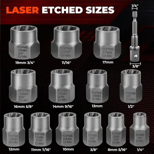 Miniatura 2 de Kit extractor de pernos, juego de 14 piezas de removedor de tuercas de acero CR-MO grado impacto, dado de 3/8" para remover pernos
