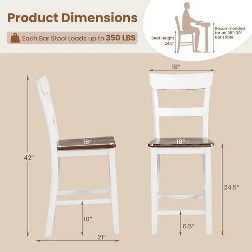 Miniatura 3 de Giantex Juego de 4 Taburetes de Bar de Madera de Altura de Mostrador, 24.5" Sillas de Bar de Comedor de Madera Estilo Granja con Marco de Madera