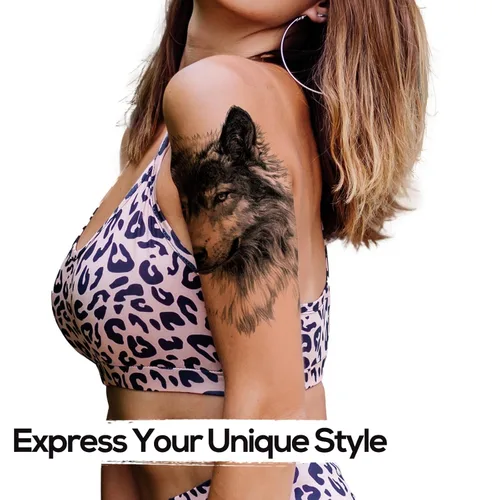 Miniatura 6 de Kotbs 6 hojas de tatuajes temporales de animales en 3D para mujeres y hombres, tatuajes realistas impermeables falsos con patrón de lobo y león