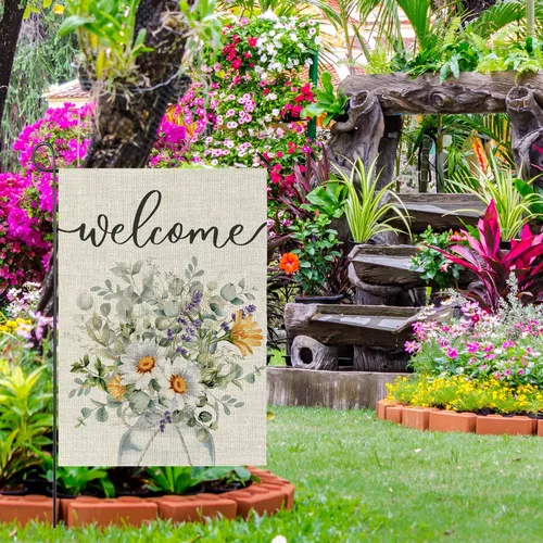 Miniatura 6 de Banderas de jardín de flores de bienvenida para exteriores, decoración de jardín de margaritas en acuarela de primavera, decoración pequeña