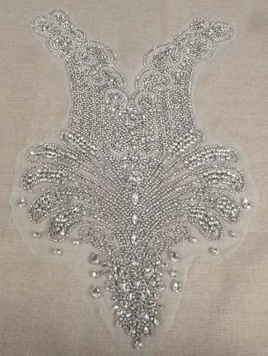 Miniatura 6 de Labellezalady - Parche de aplique de corpiño completo de lujo con strass hechos a mano, strass de plata brillante para corpiño de vestido de novia