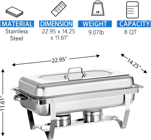 Miniatura 2 de Juego de Platos Calentadores Buffet Set 6 Piezas 8QT Acero Inoxidable Calentador de Alimentos Chafer Juego Completo con Bandeja de Agua, Soporte