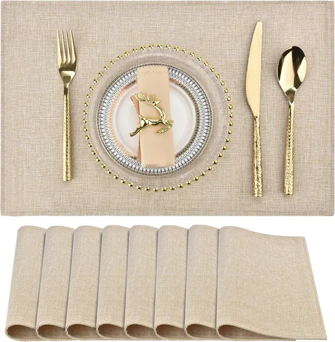 Miniatura 20 de SLKQG Juego de 6 manteles individuales de lino beige, resistentes al calor y lavables a máquina, manteles individuales de tela de doble capa