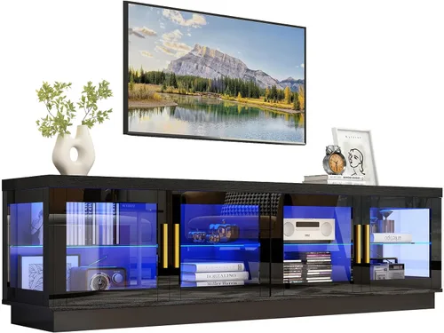 Hlivelood Soporte de TV LED de 71 pulgadas para TV de 85/80/75 pulgadas, soporte de TV negro brillante moderno para sala de estar, centro de