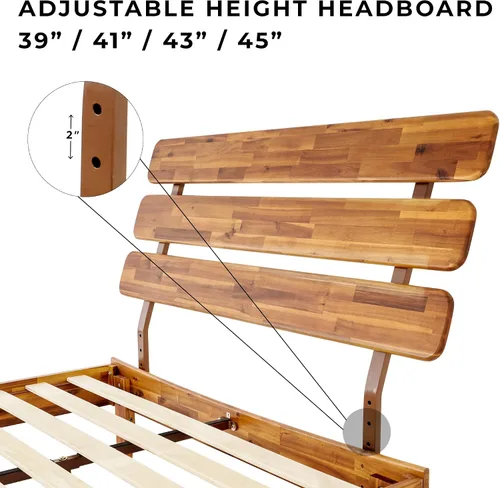 Miniatura 4 de Bme Caden Base de cama de lujo de 15 pulgadas con cabecera ajustable, estilo de mediados de siglo con madera de acacia, no necesita somier, soporte