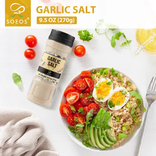 Miniatura 3 de Sal de Ajo Soeos 9.5 Onzas (270g), Condimento de Sal de Ajo, Sin GMO, Sin Gluten, Ideal para Añadir Sabor a Sopas, Panes, Vegetales, Carnes y Más
