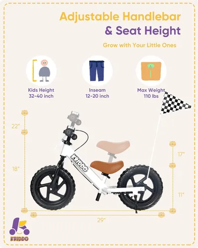 Miniatura 6 de KRIDDO Bicicleta de Equilibrio Pro para Niños Pequeños de 2+ Años con Freno de Mano y Pata de Cabra, Bicicleta de Empuje de 12 Pulgadas, Bicicleta