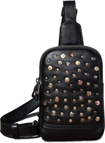Miniatura 7 de CENUNCO Bolso bandolera de cuero genuino para mujer, bolso cruzado de cuero pequeño para teléfono, estilo remache, estilo remache, bolso negro